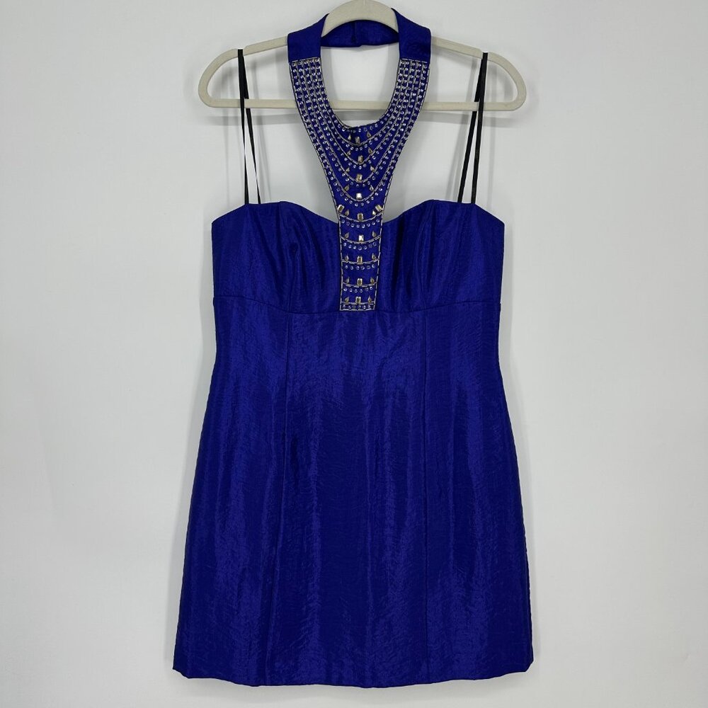 Laundry by Shelli Segal Embellished Halter Cocktail Dress 12 Mini Beaded Blue
